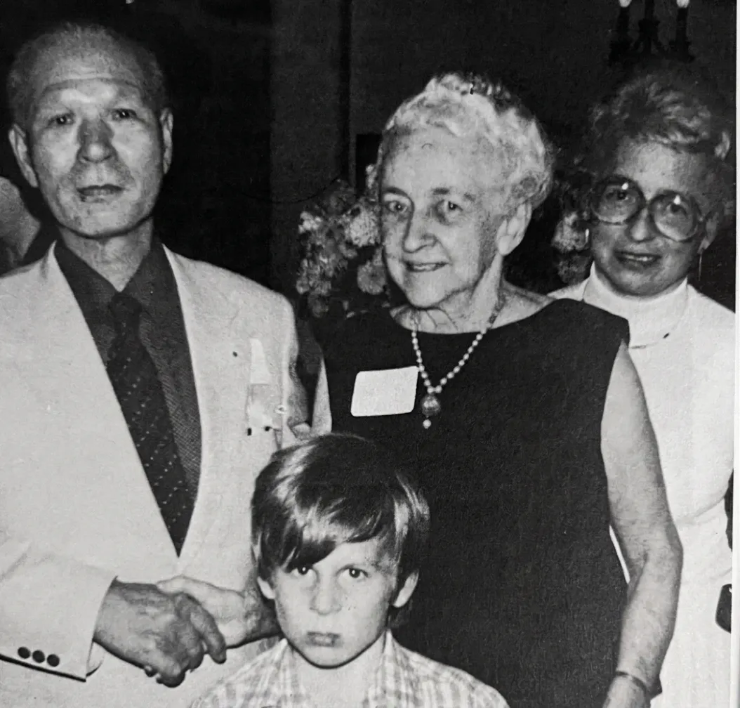 Former internees of Camp Holmes in Baguio City gathered for a reunion in San Francisco in February 1977. From left, Rokuro Tomibe, Glen Wortman (June's son), Natalie Crouter, and June Crouter Wortman. Source: Natalie Crouter's "Forbidden Diary: A Record of Wartime Internment, 1941-1945". Edited by Lynn Z. Bloom. 1980.